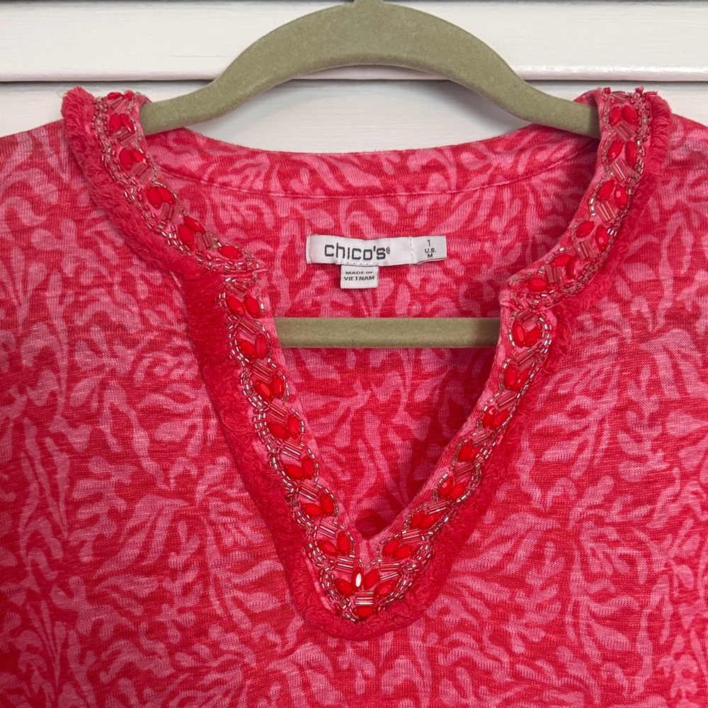 Chico's linen knit tunic with elegant beaded neckline